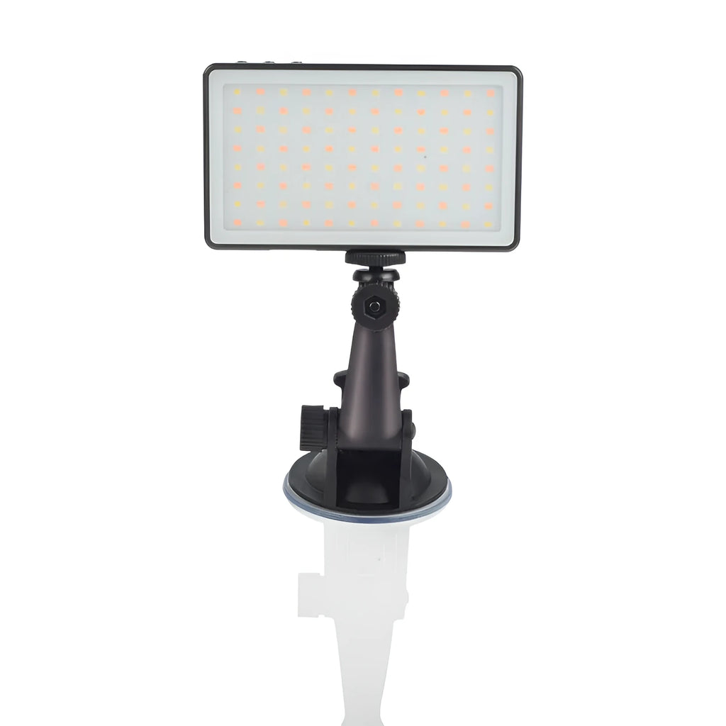 Black aluminium USB LED video light panel with 96 LEDs, shown with a USB-C cable and a 1/4 inch mount thread.