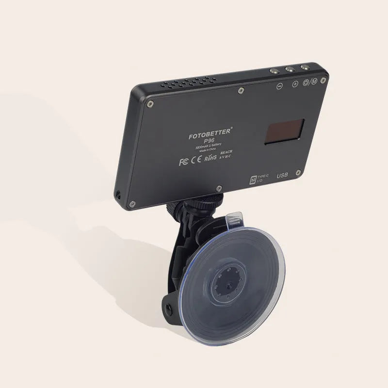 Black aluminium USB LED video light panel with 96 LEDs, shown with a USB-C cable and a 1/4 inch mount thread.