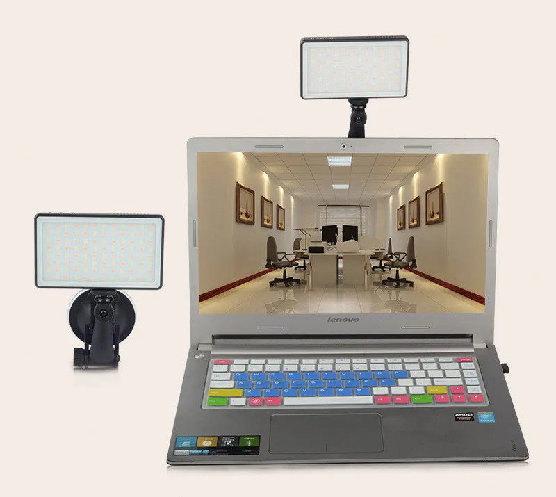 Black aluminium USB LED video light panel with 96 LEDs, shown with a USB-C cable and a 1/4 inch mount thread.