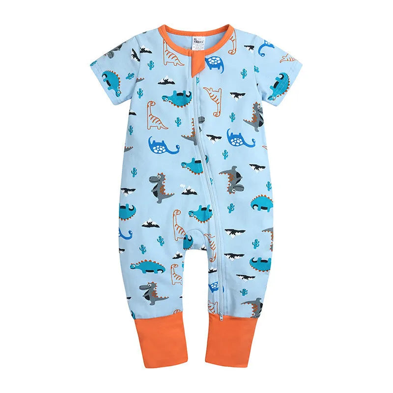 Cotton baby jumpsuit short sleeve zip closure in blue, green, orange, pink, sizes 66-100