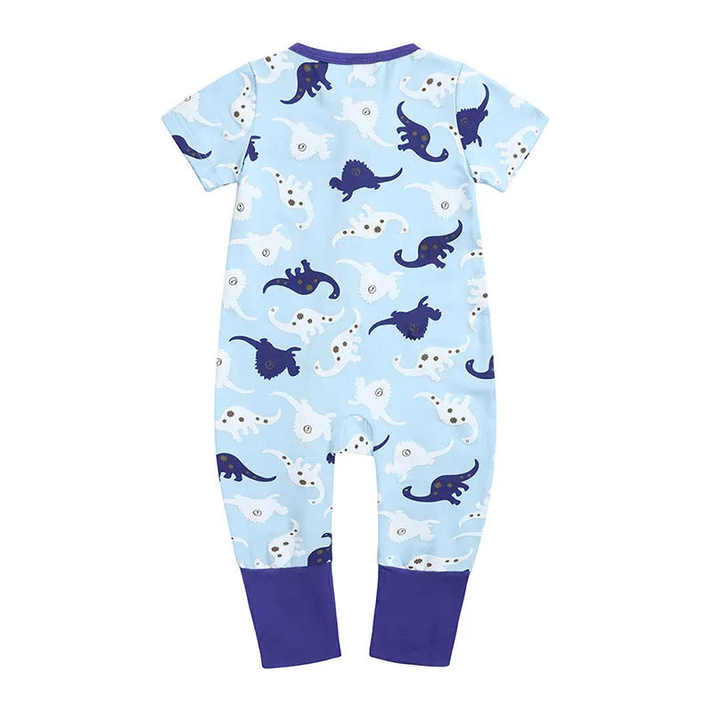 Cotton baby jumpsuit short sleeve zip closure in blue, green, orange, pink, sizes 66-100