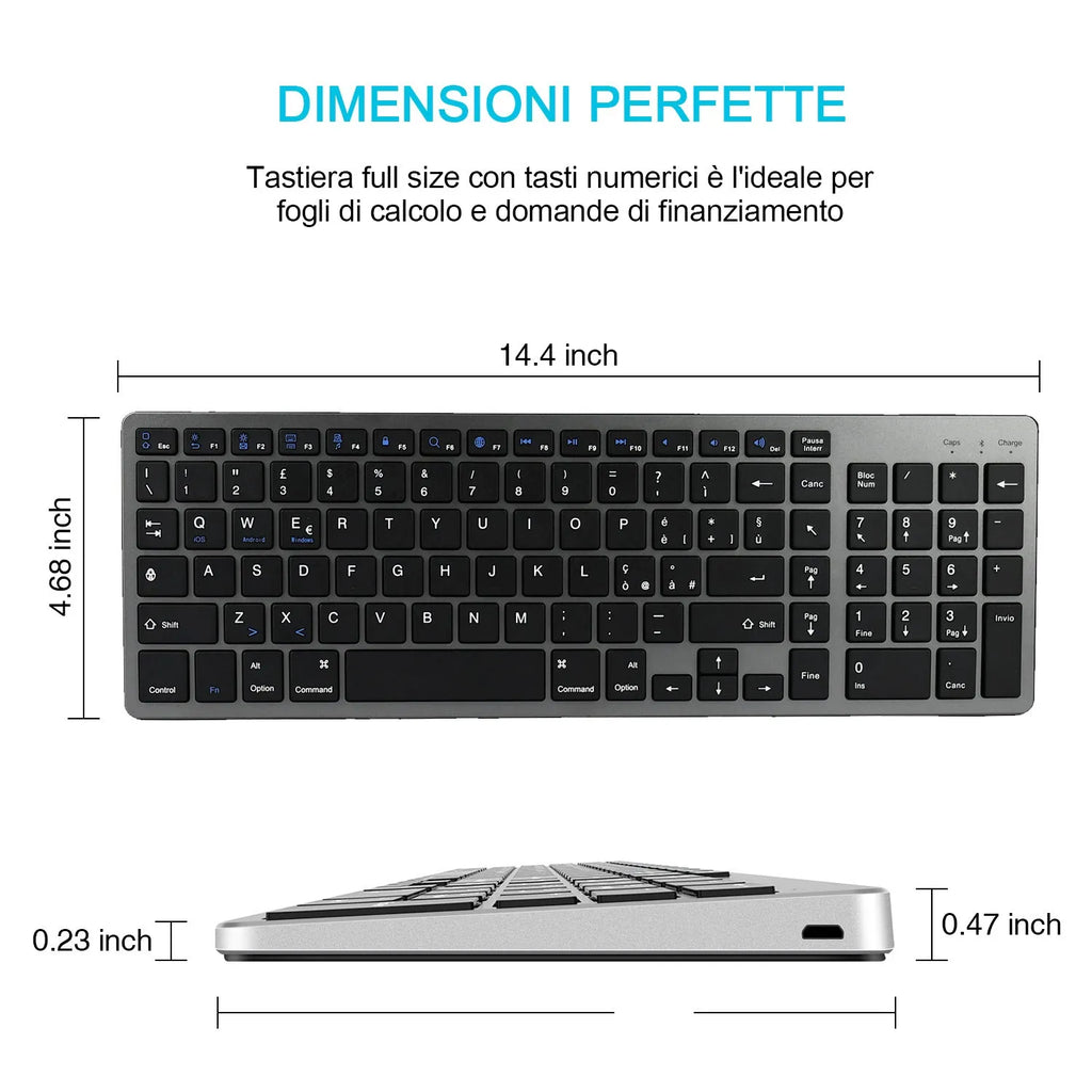 Ultra-thin white Bluetooth keyboard next to a tablet, showing its 104-key layout and slim profile.