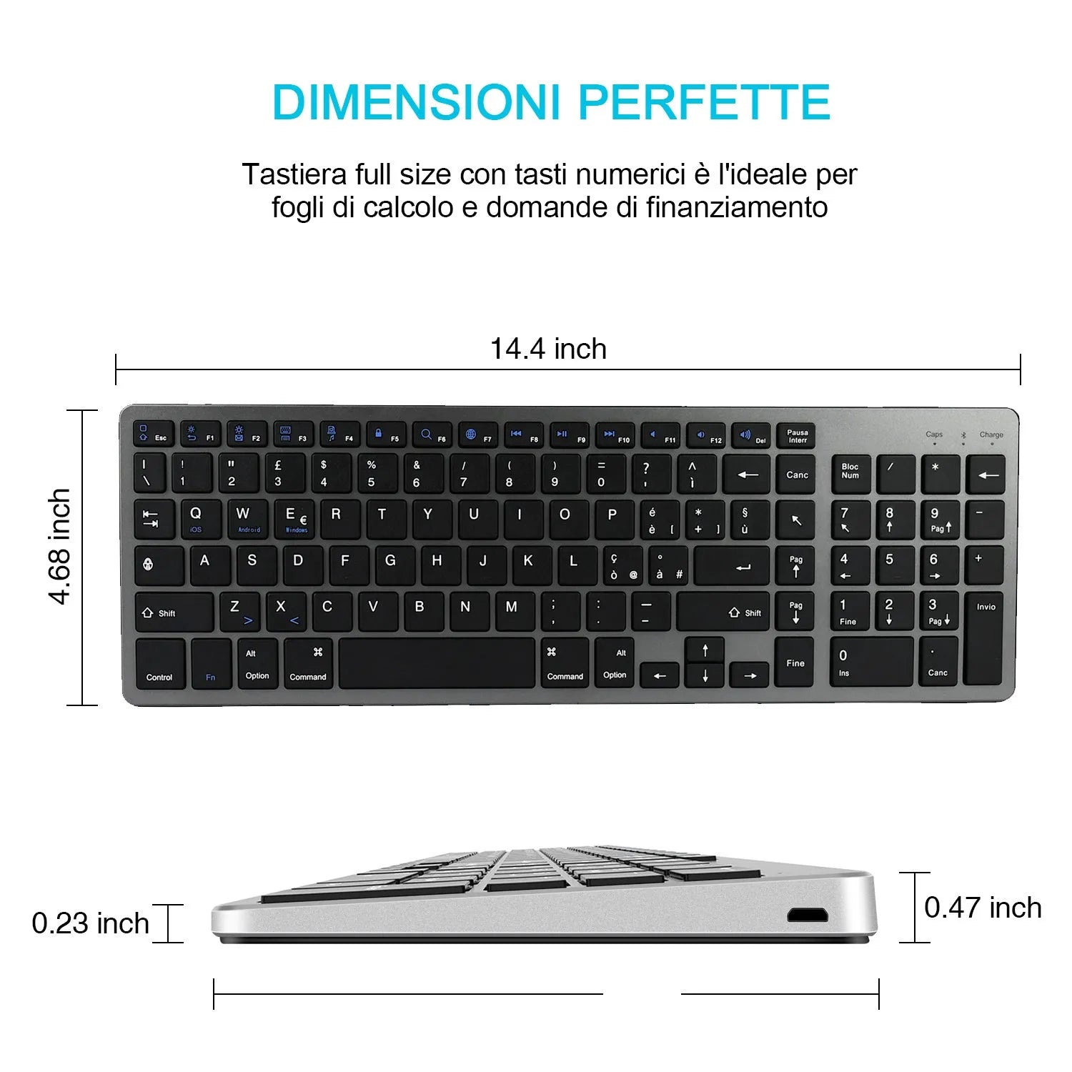 Ultra-thin white Bluetooth keyboard next to a tablet, showing its 104-key layout and slim profile.