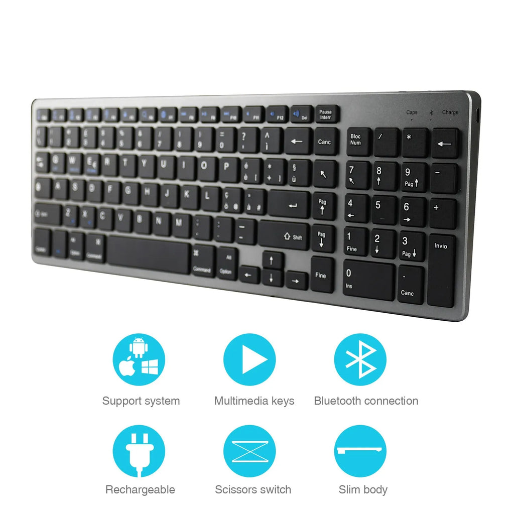Ultra-thin white Bluetooth keyboard next to a tablet, showing its 104-key layout and slim profile.