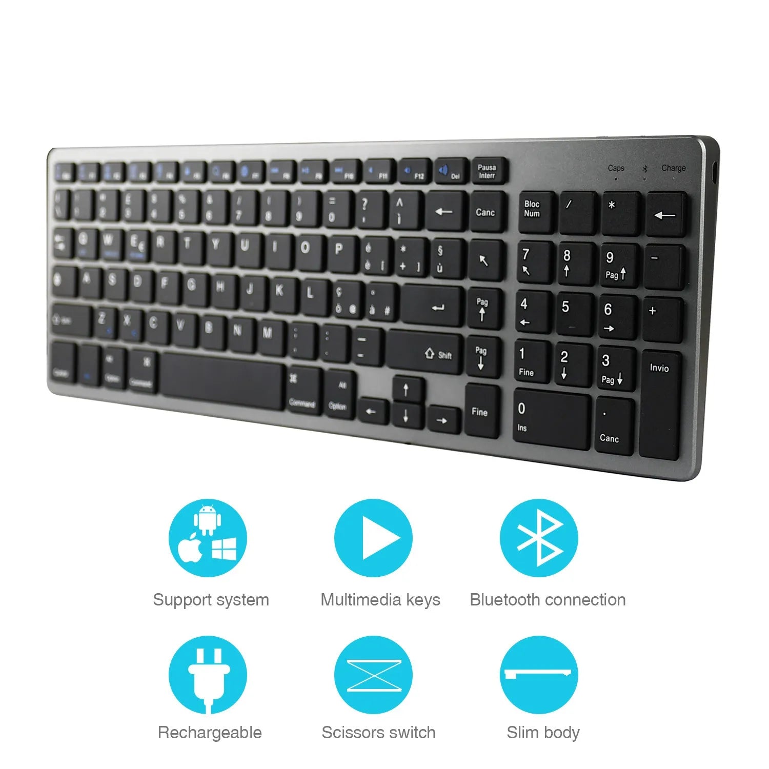 Ultra-thin white Bluetooth keyboard next to a tablet, showing its 104-key layout and slim profile.