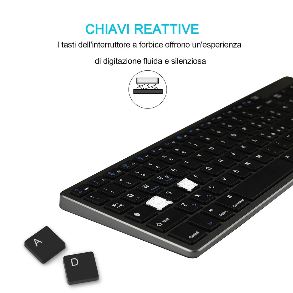 Ultra-thin white Bluetooth keyboard next to a tablet, showing its 104-key layout and slim profile.