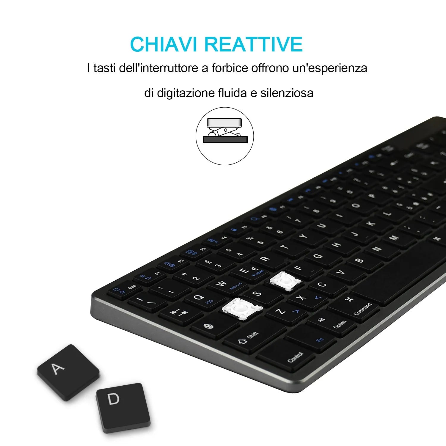 Ultra-thin white Bluetooth keyboard next to a tablet, showing its 104-key layout and slim profile.