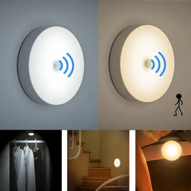 Small round motion sensing LED night light with USB charging port in beige colour