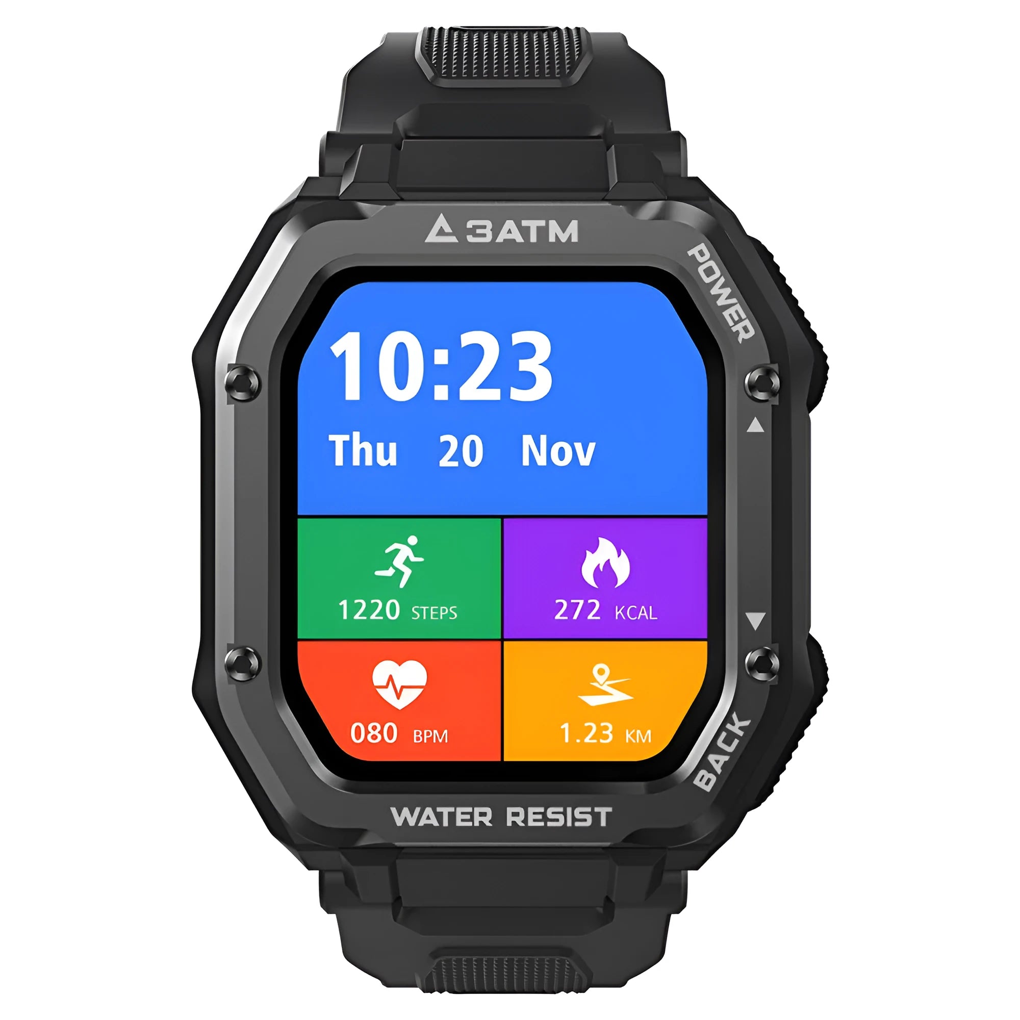 Outdoor sports smartwatch with 1.69 inch screen showing fitness data on wrist with black silicone strap.