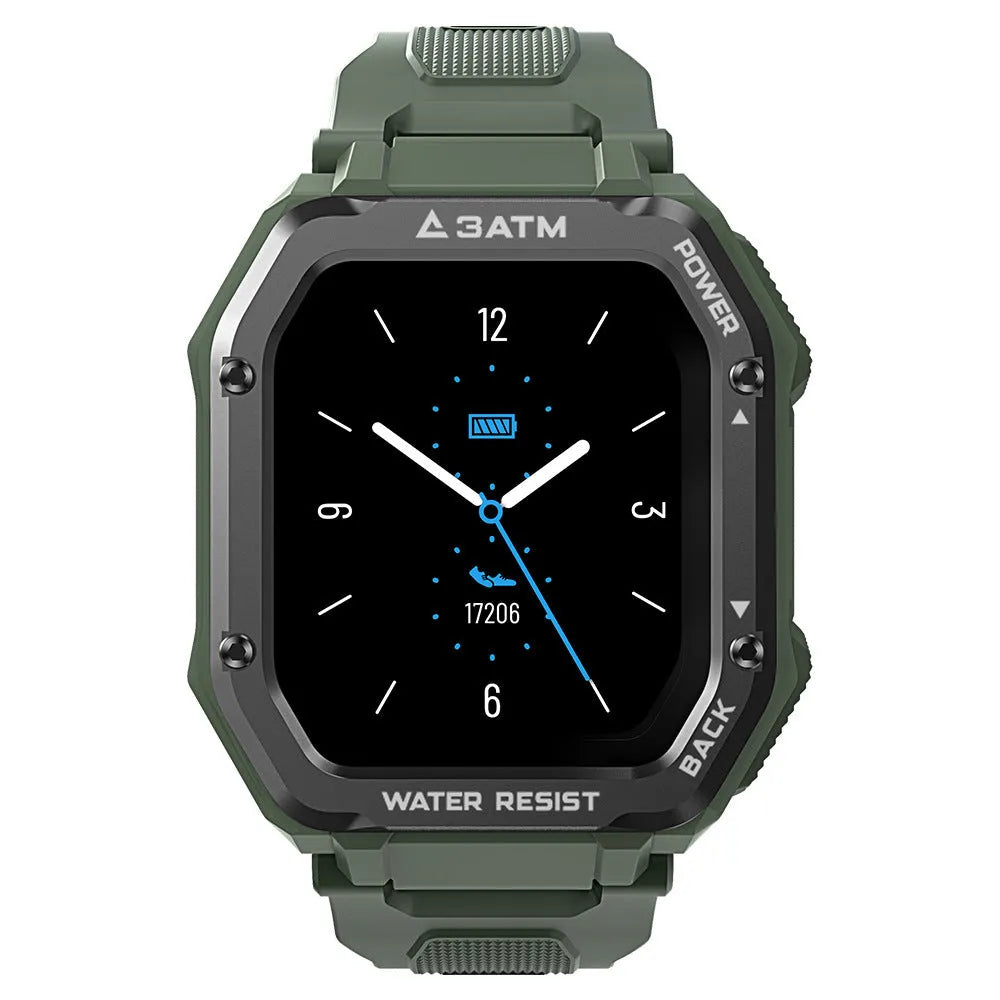 Outdoor sports smartwatch with 1.69 inch screen showing fitness data on wrist with black silicone strap.