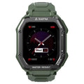 Outdoor sports smartwatch with 1.69 inch screen showing fitness data on wrist with black silicone strap.