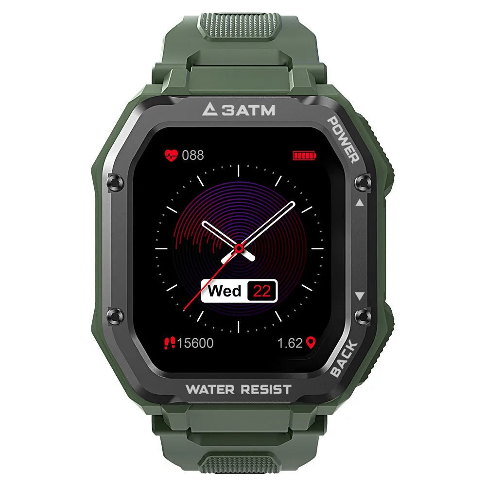 Outdoor sports smartwatch with 1.69 inch screen showing fitness data on wrist with black silicone strap.