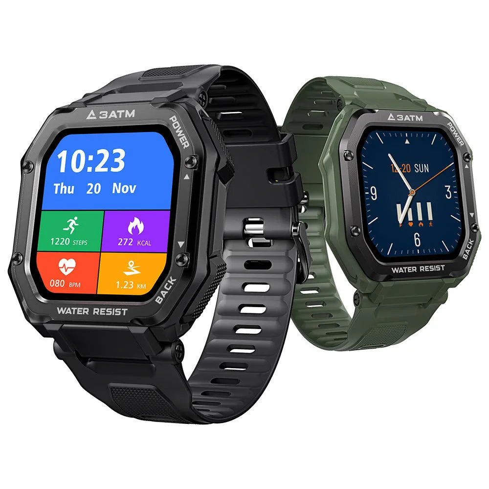 Outdoor sports smartwatch with 1.69 inch screen showing fitness data on wrist with black silicone strap.