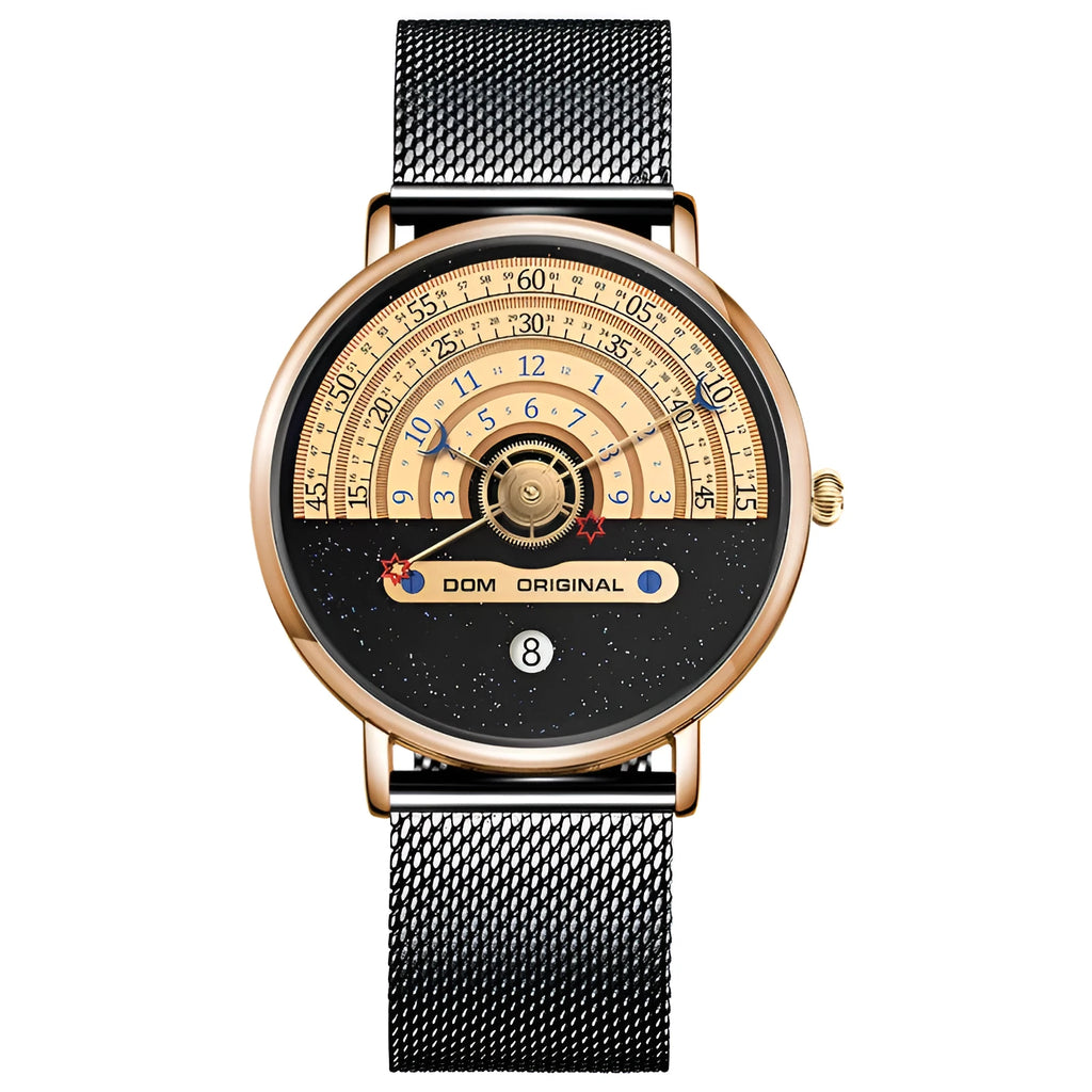 Men's gold sports watch with round 40mm dial, leather strap and onion crown