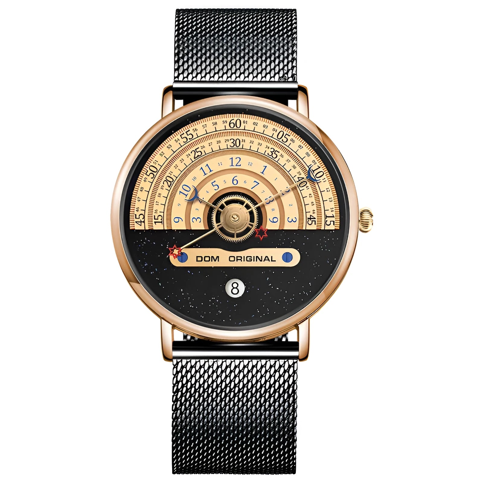 Men's gold sports watch with round 40mm dial, leather strap and onion crown