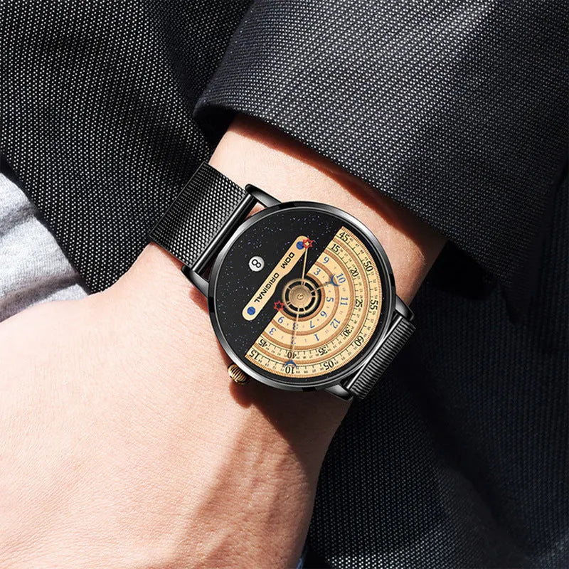 Men's gold sports watch with round 40mm dial, leather strap and onion crown