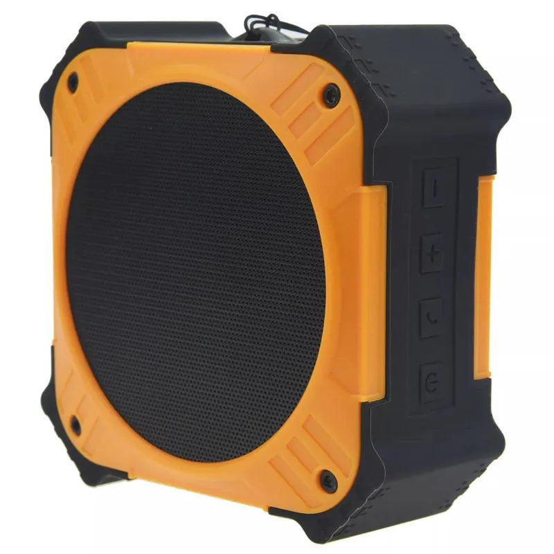 Black or blue waterproof portable Bluetooth speaker showing compact 101x101x47mm size with wrist strap