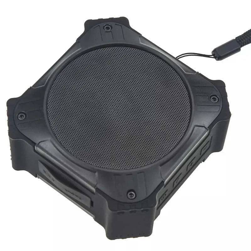 Black or blue waterproof portable Bluetooth speaker showing compact 101x101x47mm size with wrist strap