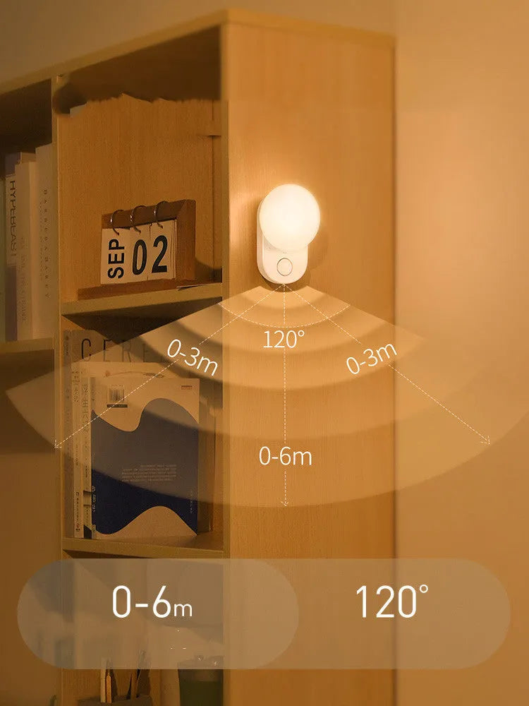 White rechargeable sensor night light with motion detection and USB charging port.