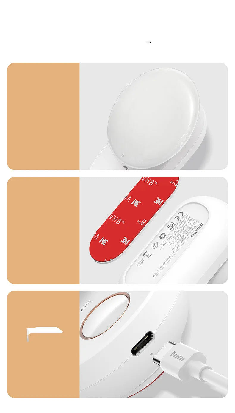 White rechargeable sensor night light with motion detection and USB charging port.