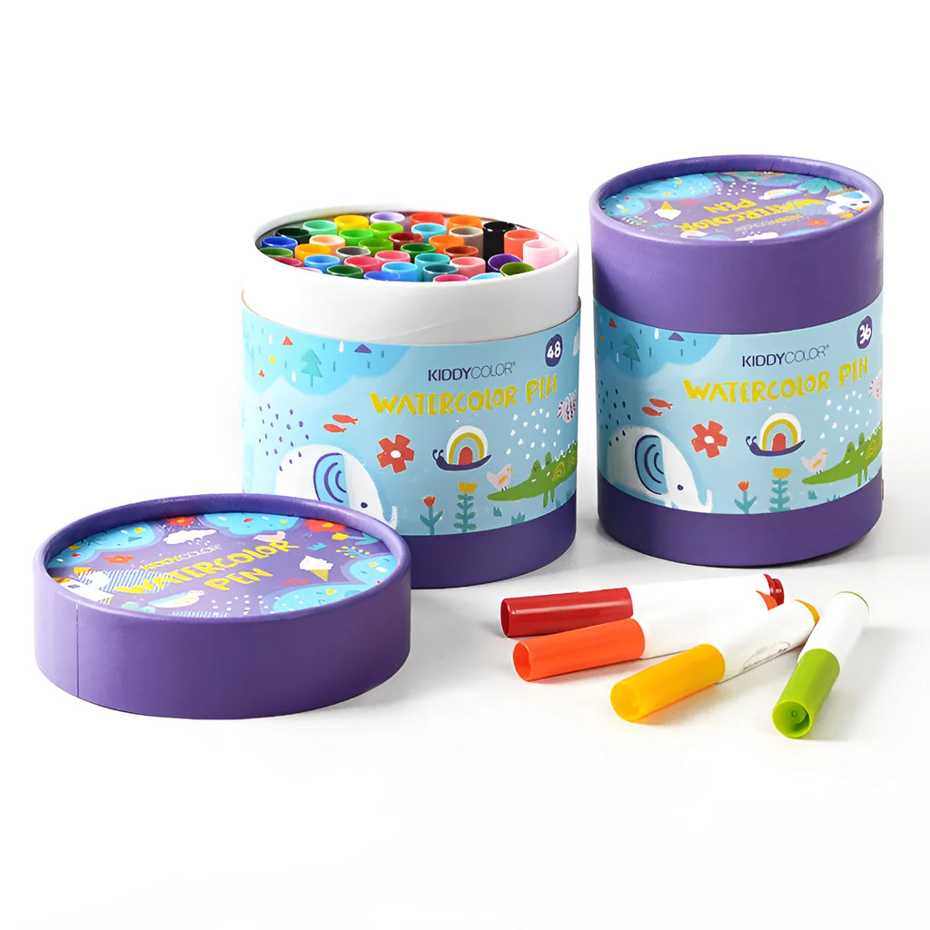 Set of children's plastic barrel watercolour pens with washable ink in assorted bright colours.