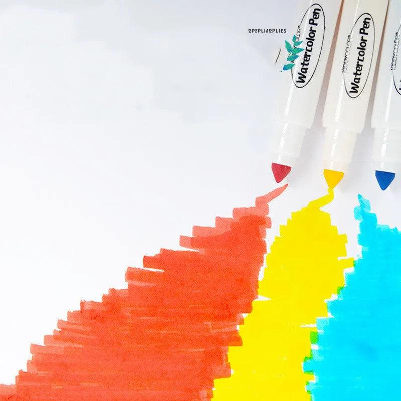 Set of children's plastic barrel watercolour pens with washable ink in assorted bright colours.