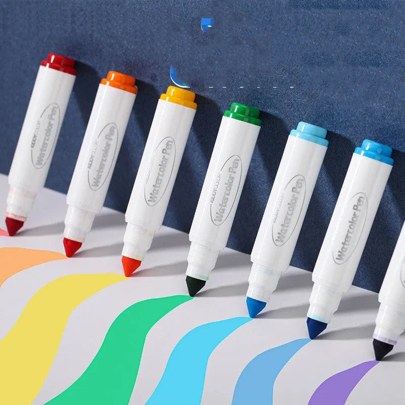 Set of children's plastic barrel watercolour pens with washable ink in assorted bright colours.