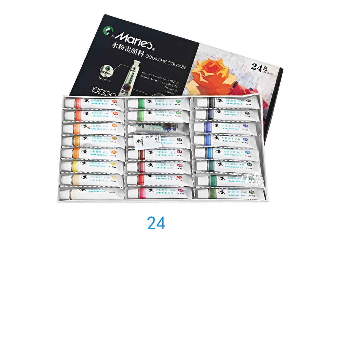 Boxed set of Marley gouache paint tubes in 12ml size, showing multiple colour options for artists.