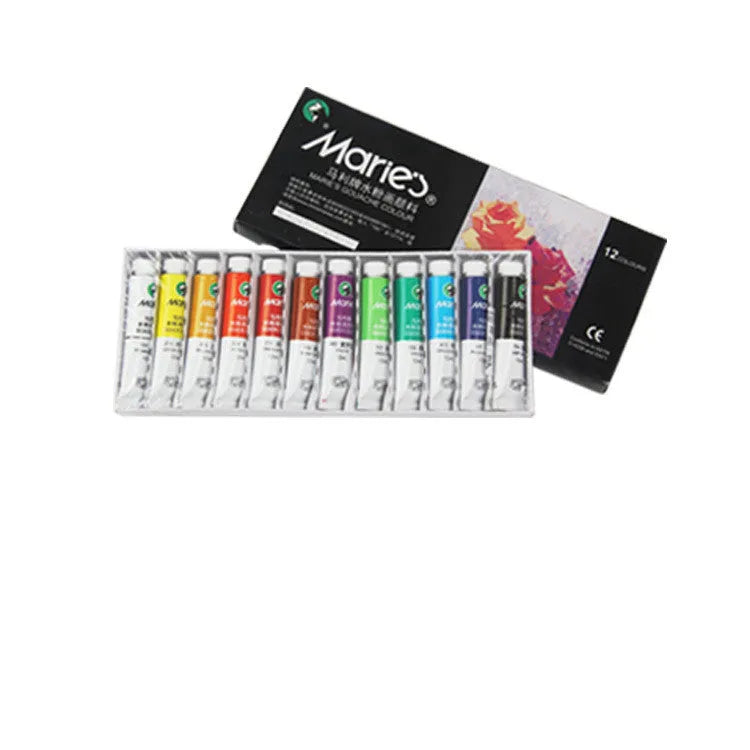 Boxed set of Marley gouache paint tubes in 12ml size, showing multiple colour options for artists.