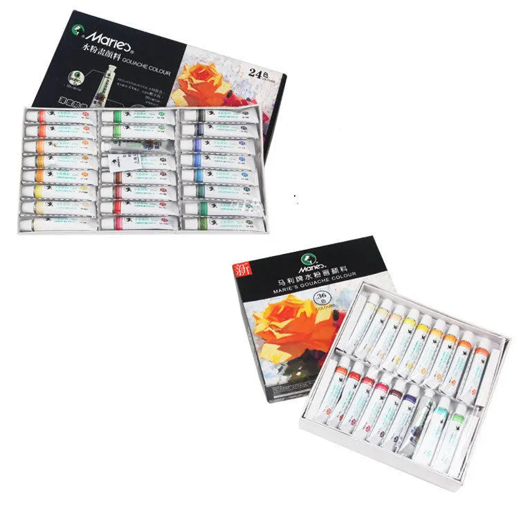Boxed set of Marley gouache paint tubes in 12ml size, showing multiple colour options for artists.