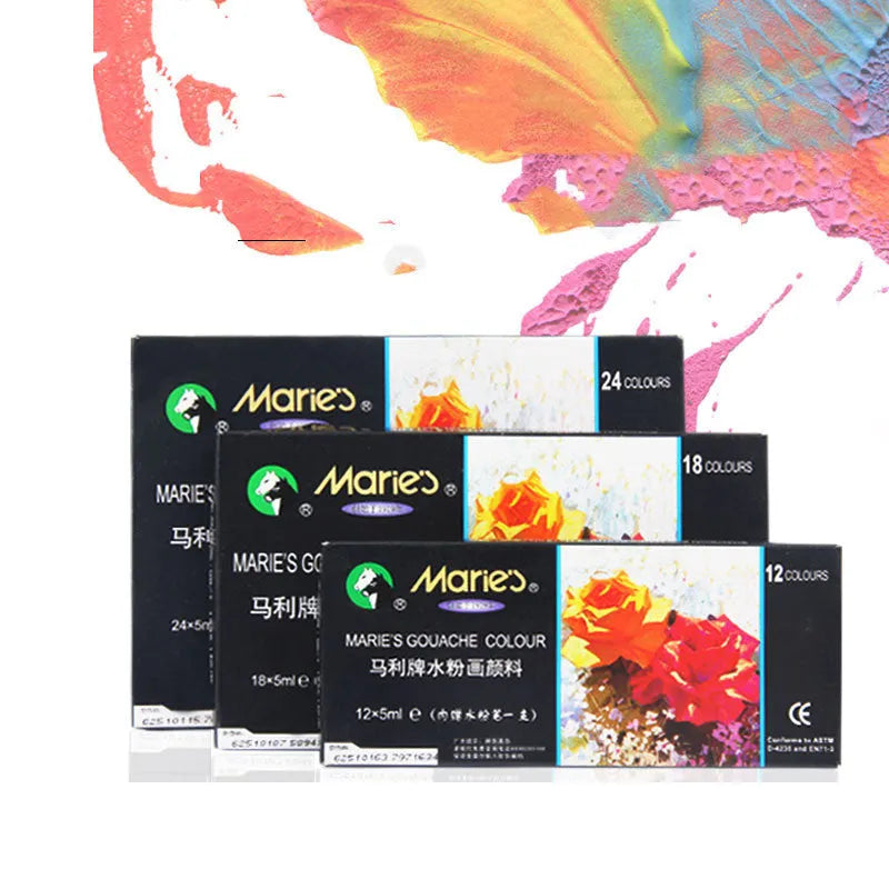 Boxed set of Marley gouache paint tubes in 12ml size, showing multiple colour options for artists.