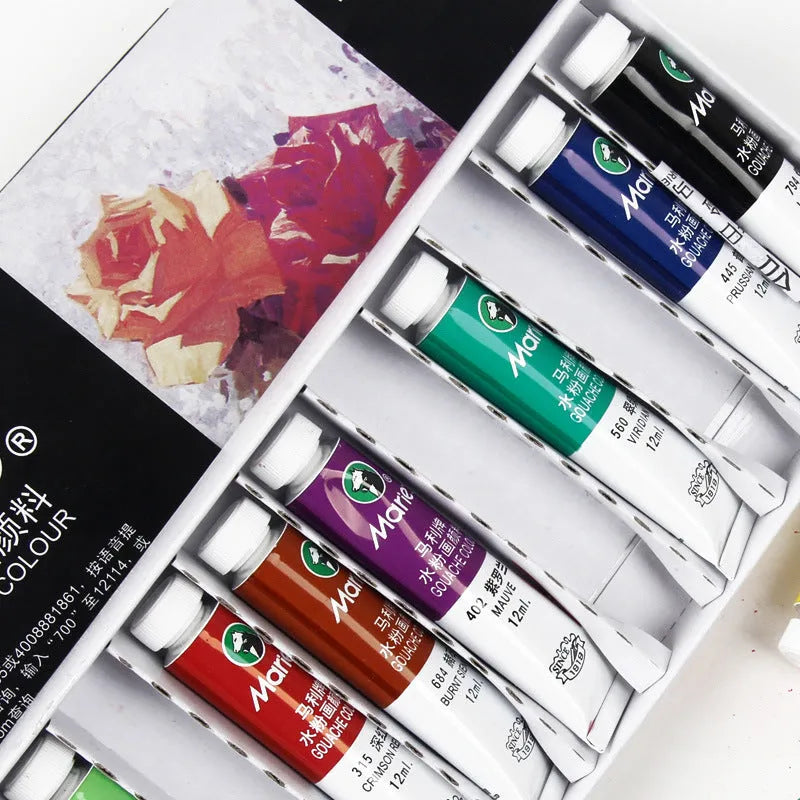 Boxed set of Marley gouache paint tubes in 12ml size, showing multiple colour options for artists.
