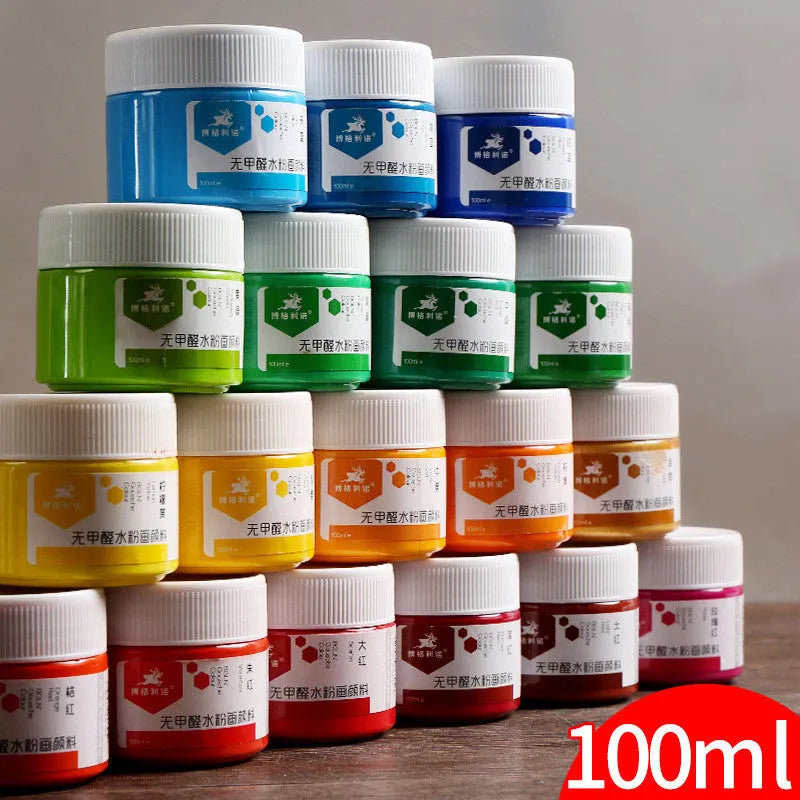 Beginner gouache paint set in 100g bottles with eight colours including black, blue, orange, purple, red, sky blue, and yellow
