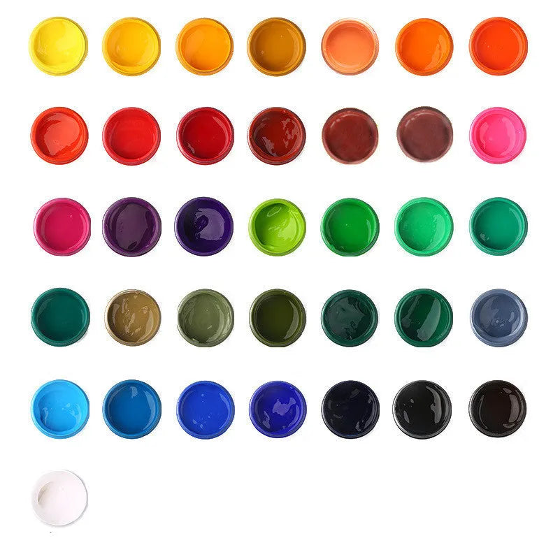 Beginner gouache paint set in 100g bottles with eight colours including black, blue, orange, purple, red, sky blue, and yellow