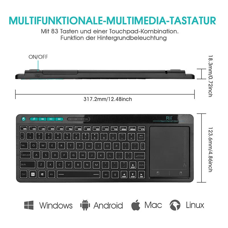 K18+ wireless RGB backlit keyboard with touchpad in black for computer use