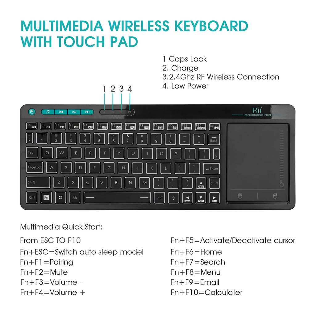 K18+ wireless RGB backlit keyboard with touchpad in black for computer use