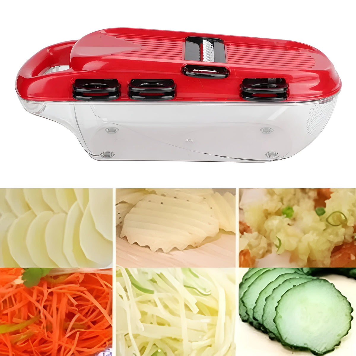 Red multi-function vegetable cutter with stainless steel blades, ABS body and PET container