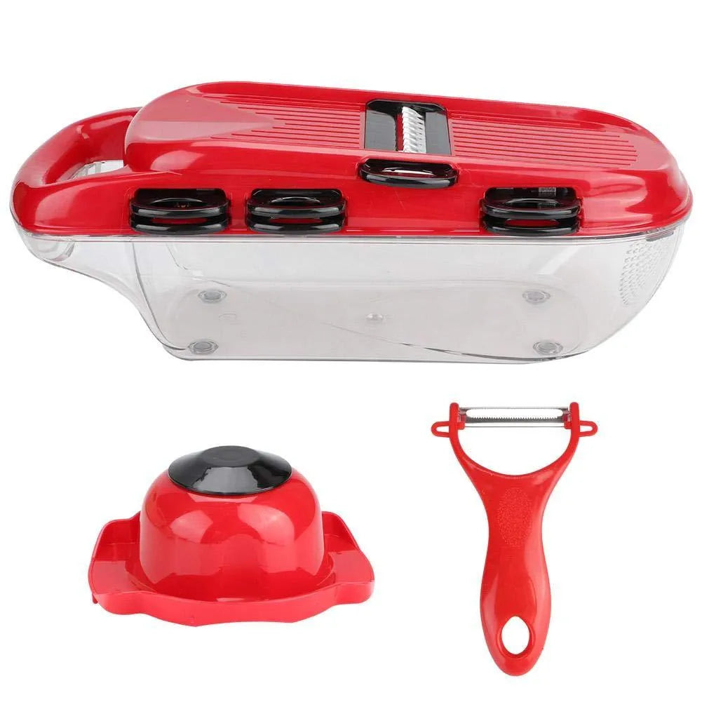 Red multi-function vegetable cutter with stainless steel blades, ABS body and PET container