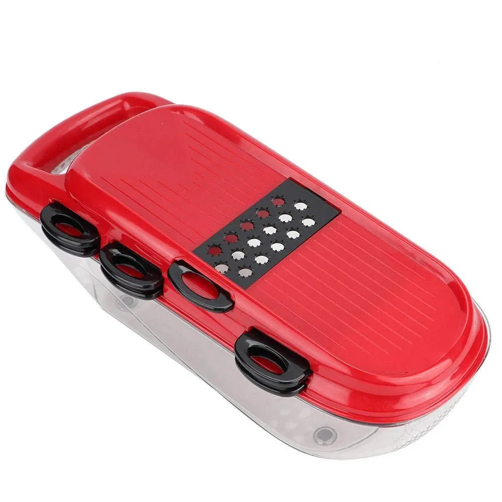Red multi-function vegetable cutter with stainless steel blades, ABS body and PET container