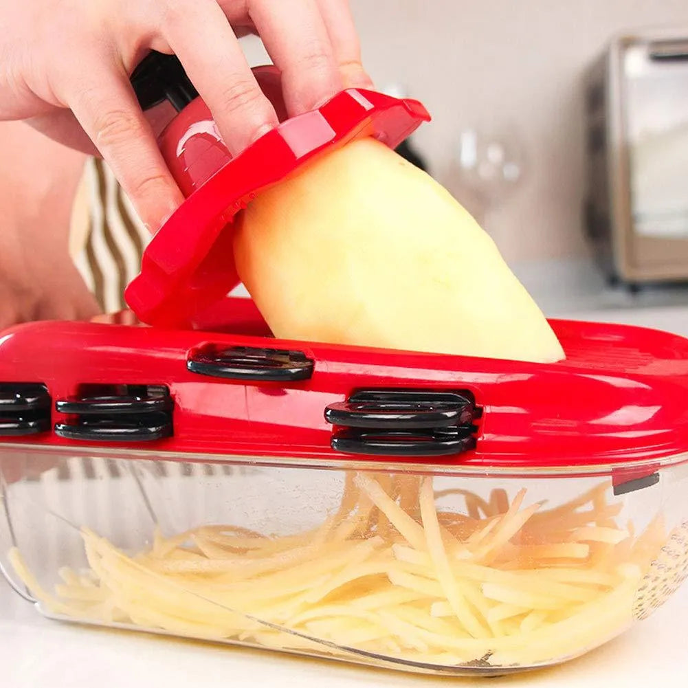 Red multi-function vegetable cutter with stainless steel blades, ABS body and PET container