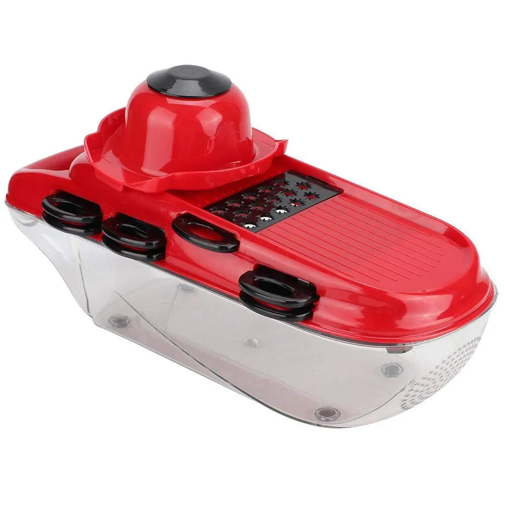 Red multi-function vegetable cutter with stainless steel blades, ABS body and PET container