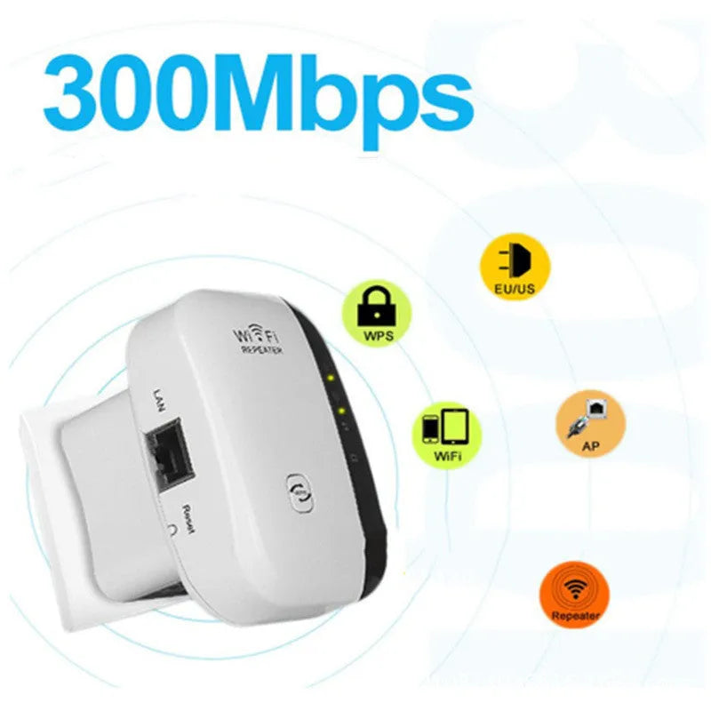 Black or white wifi signal repeater with selectable UK, EU, US, AU plugs and a network cable.