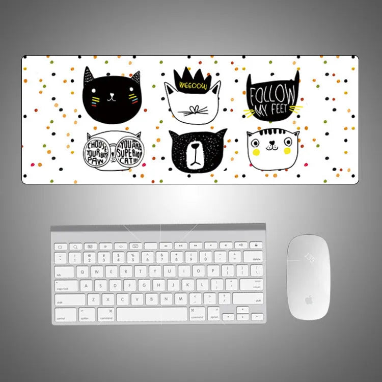 Creative large mouse pad with cute cartoon cat design, non-slip rubber base, 800x300mm size for office and gaming