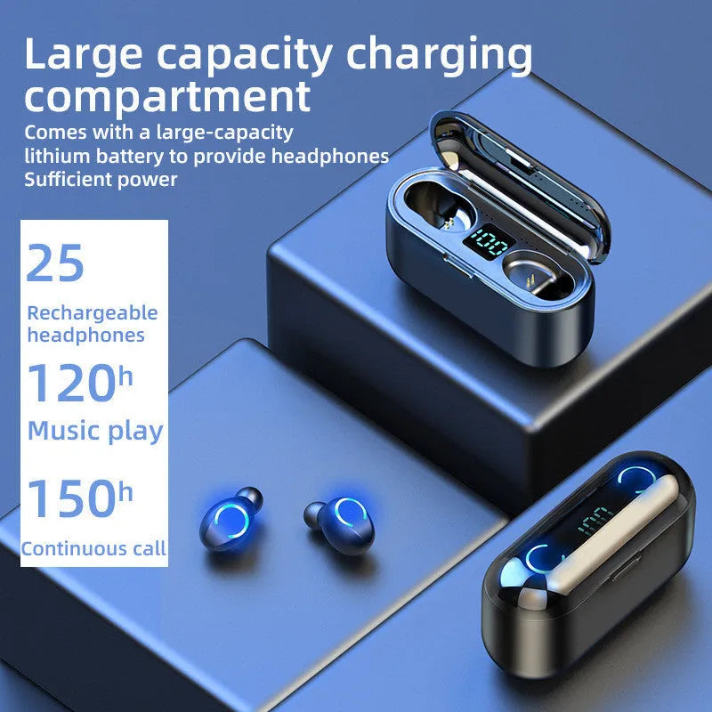 Touch wireless Bluetooth 5.0 stereo headset with battery compartment in black