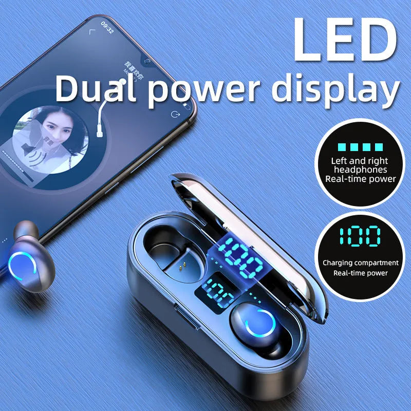 Touch wireless Bluetooth 5.0 stereo headset with battery compartment in black