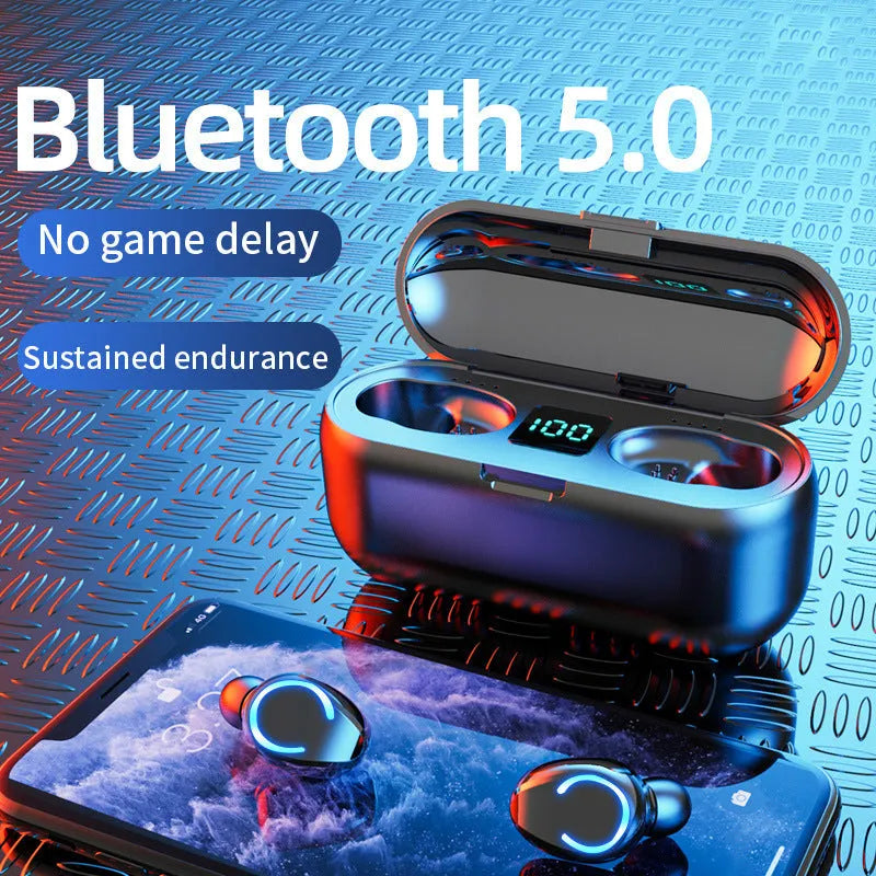 Touch wireless Bluetooth 5.0 stereo headset with battery compartment in black