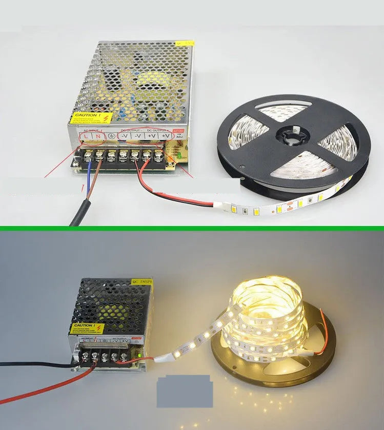 Close-up of a flexible white LED light strip with densely packed LEDs, shown bending around a corner.