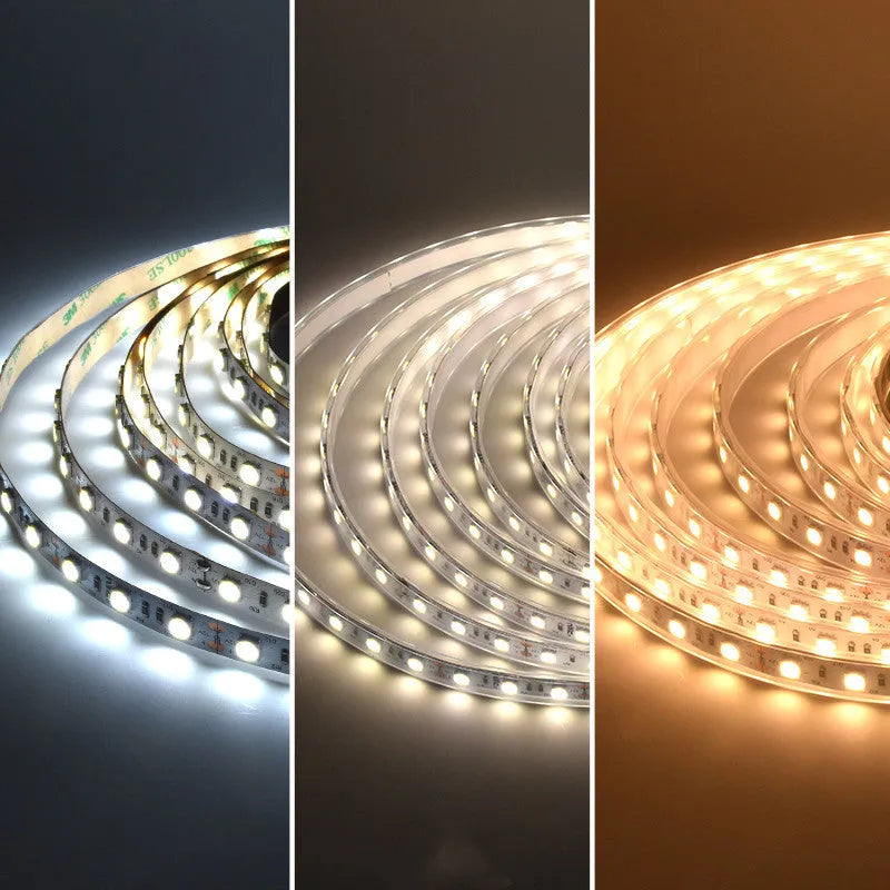 Close-up of a flexible white LED light strip with densely packed LEDs, shown bending around a corner.
