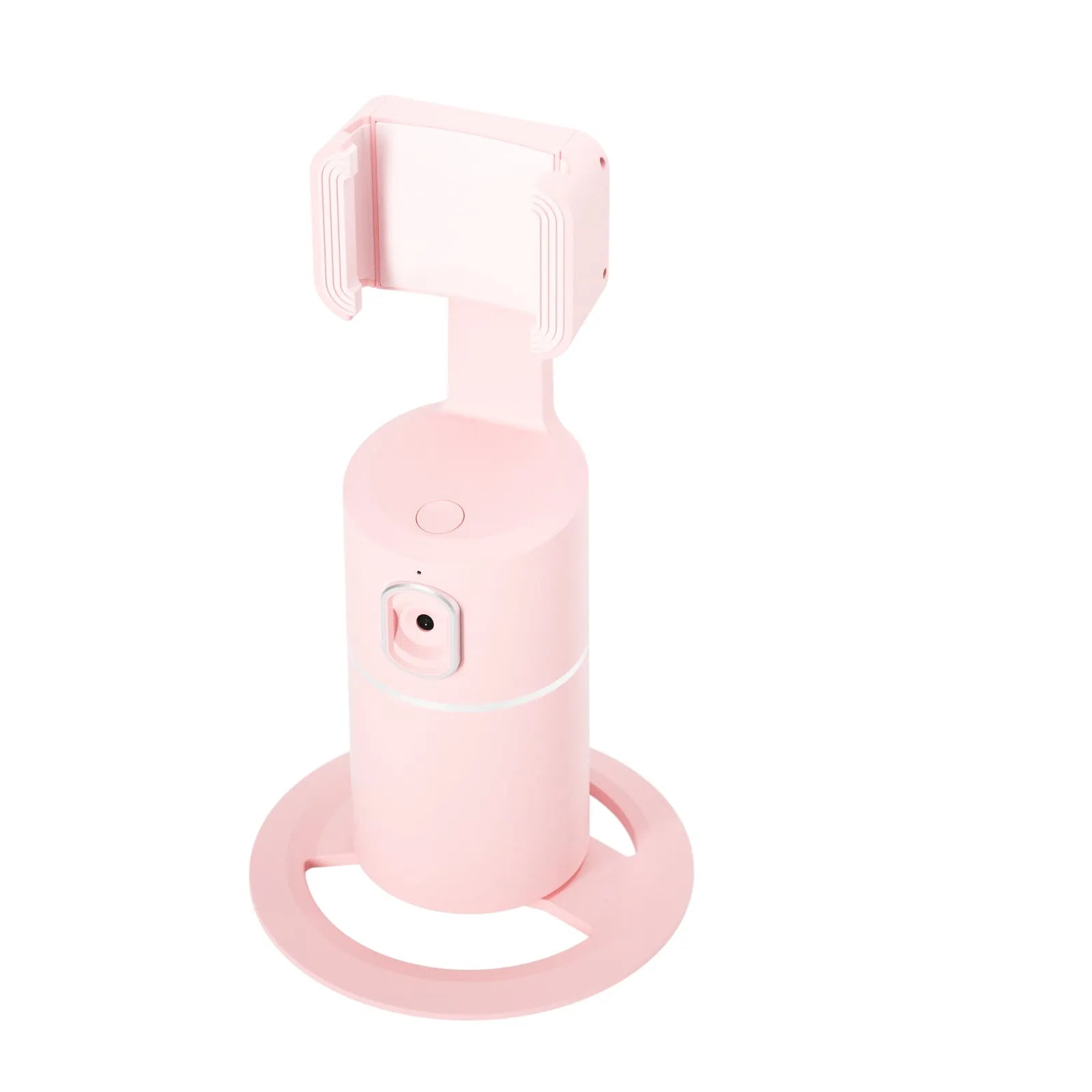 Black, pink, or white smartphone tracking gimbal with 360-degree rotation on a desk.
