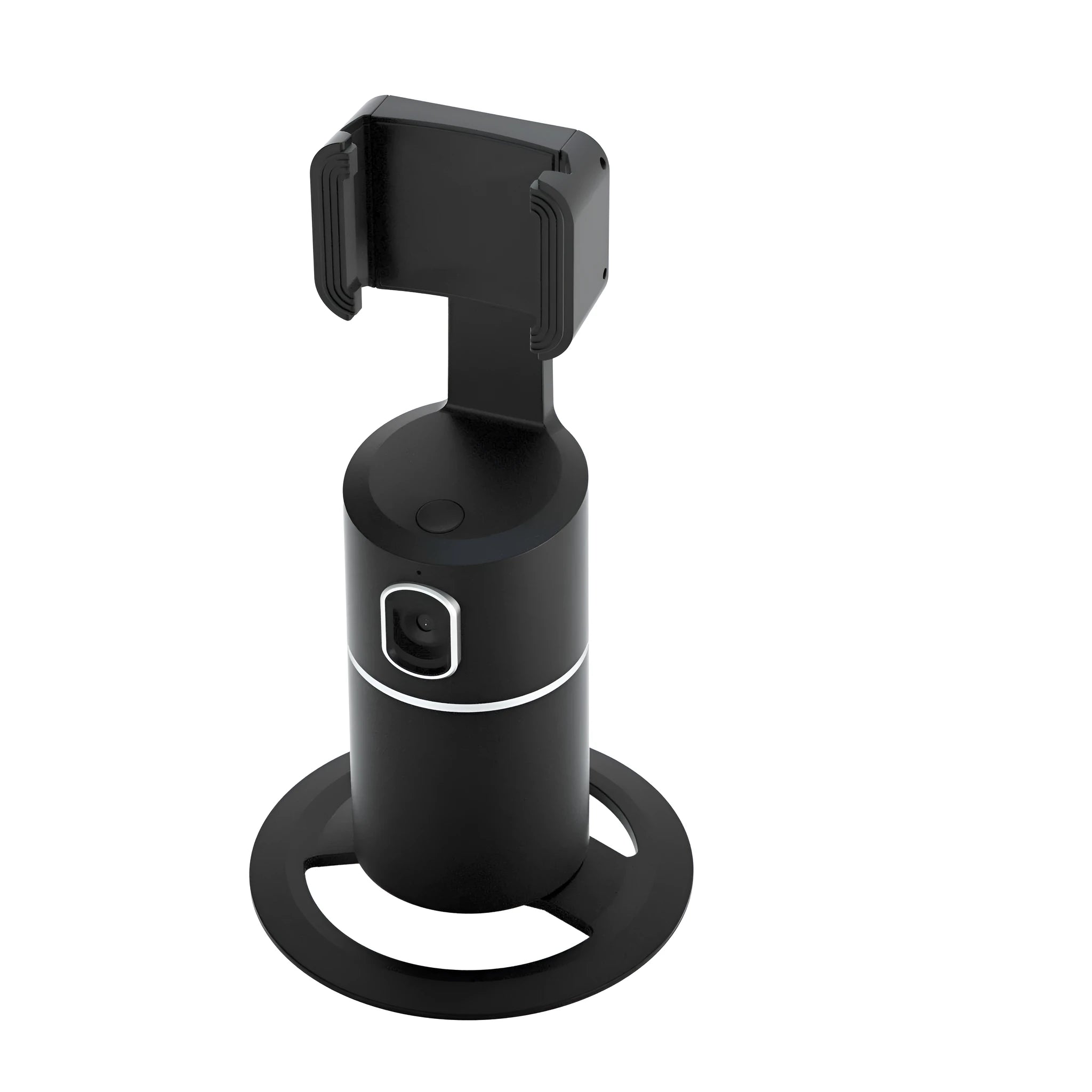 Black, pink, or white smartphone tracking gimbal with 360-degree rotation on a desk.
